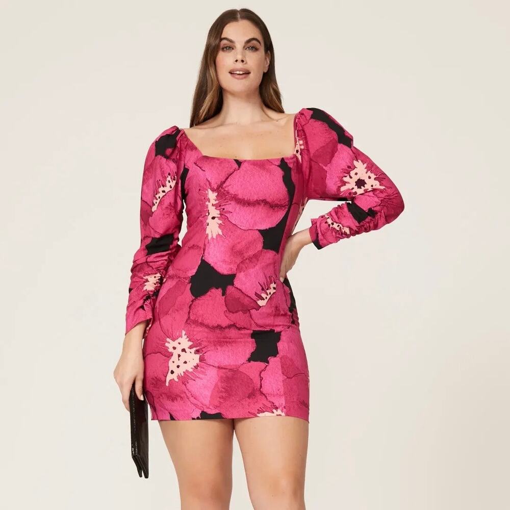 ANTHROPOLOGIE Hutch Floral Puff Sleeve Mini Dress Pink Black 8